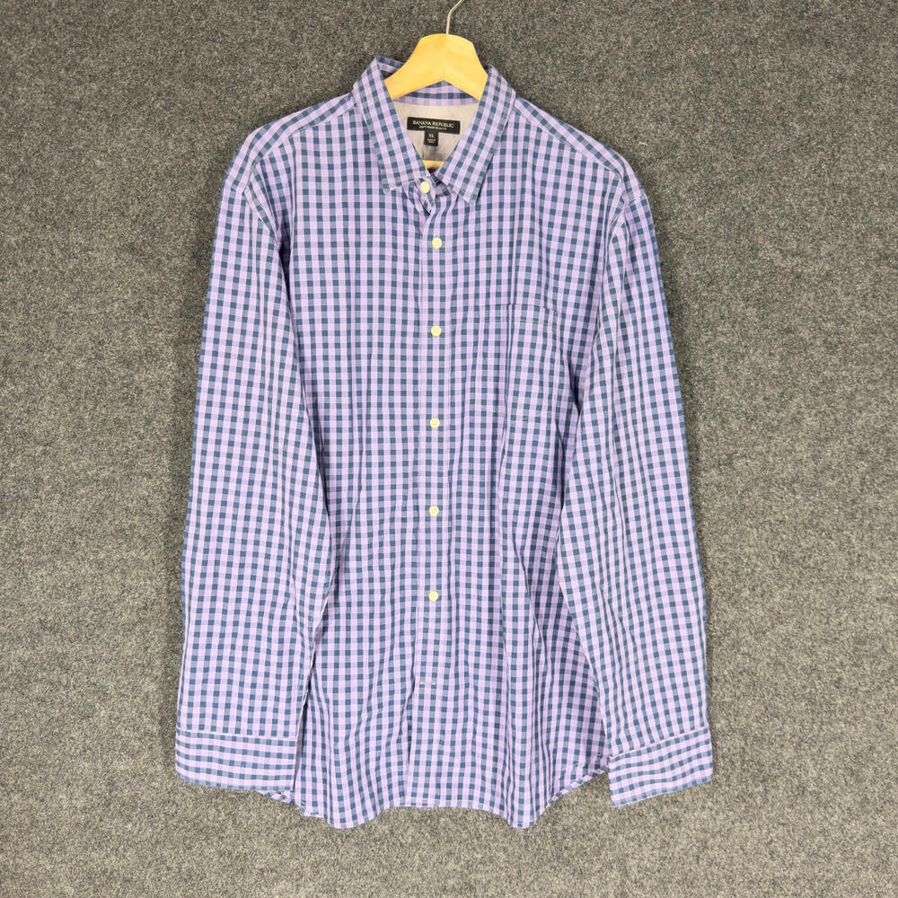 Banana Republic Shirt Men XL Blue Plaid Button Up Collared Long Sleeve Pockets